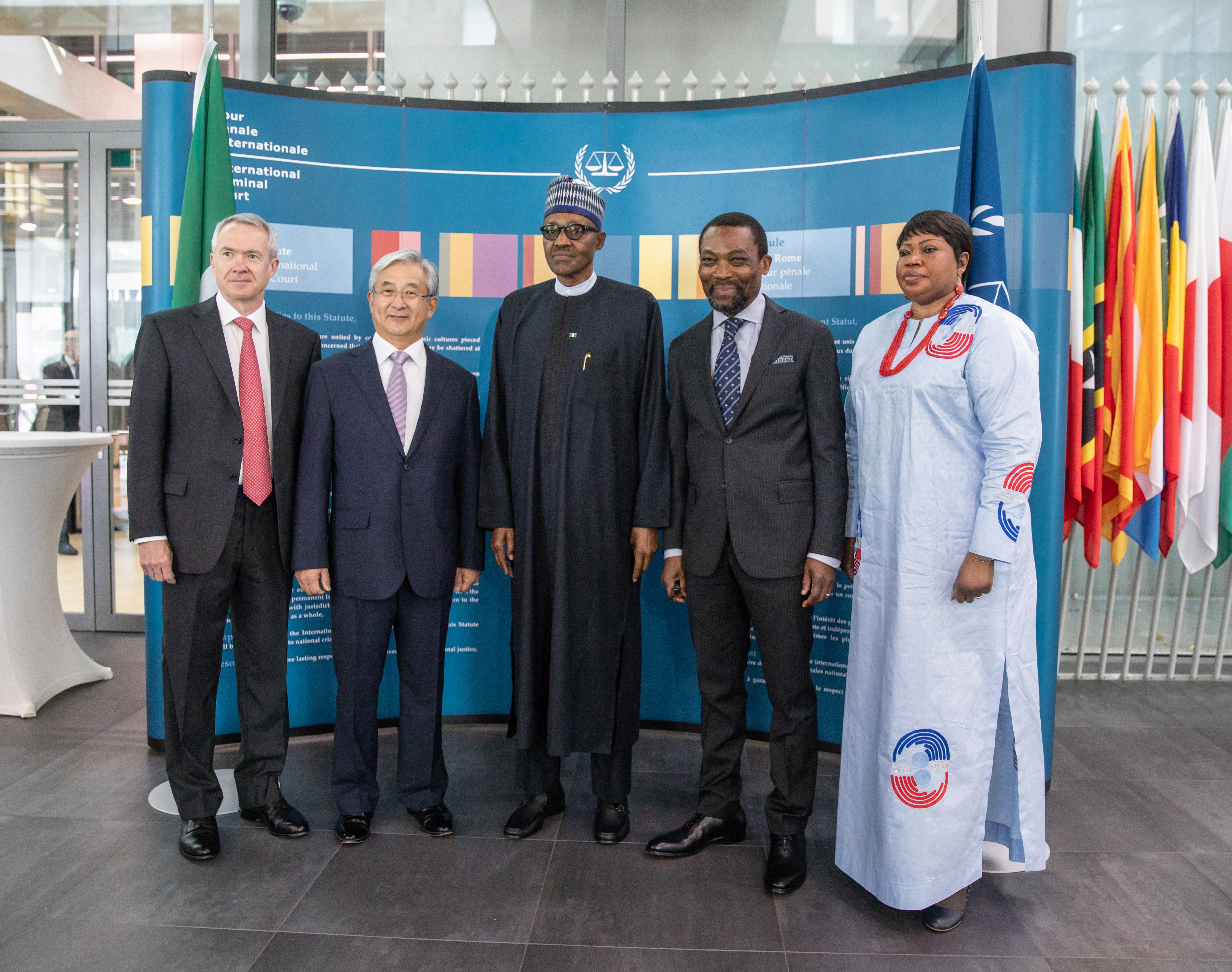 (Left to right) ICC Registrar Mr Peter Lewis, ASP President H.E. O-Gon Kwon, President of Nigeria H.E. Muhammadu Buhari, ICC President Judge Chile Eboe-Osuji and ICC Prosecutor Fatou Bensouda at the high-level commemorations of the Rome Statute’s anniversary on 17 July 2018 ©ICC-CPI 