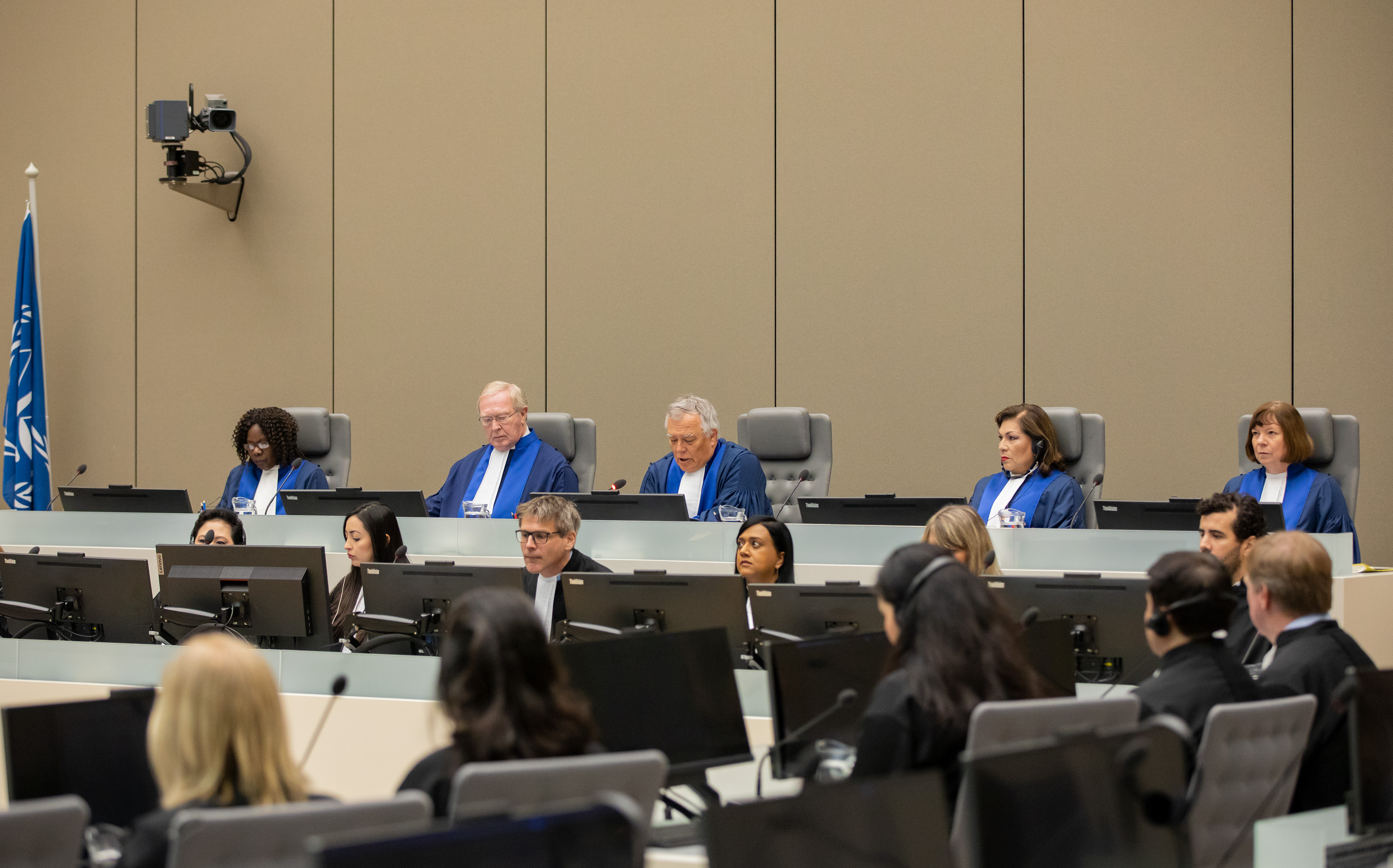 The judges of the Appeals Chamber (l<em>eft to right</em>) Judge Solomy Balungi Bossa, Judge Howard Morrison, Presiding Judge Piotr Hofmański, Judge Luz del Carmen Ibáñez Carranza, and Judge Kimberly Prost on 5 March 2020 at the seat of the International Criminal Court in The Hague, Netherlands. ©ICC-CPI