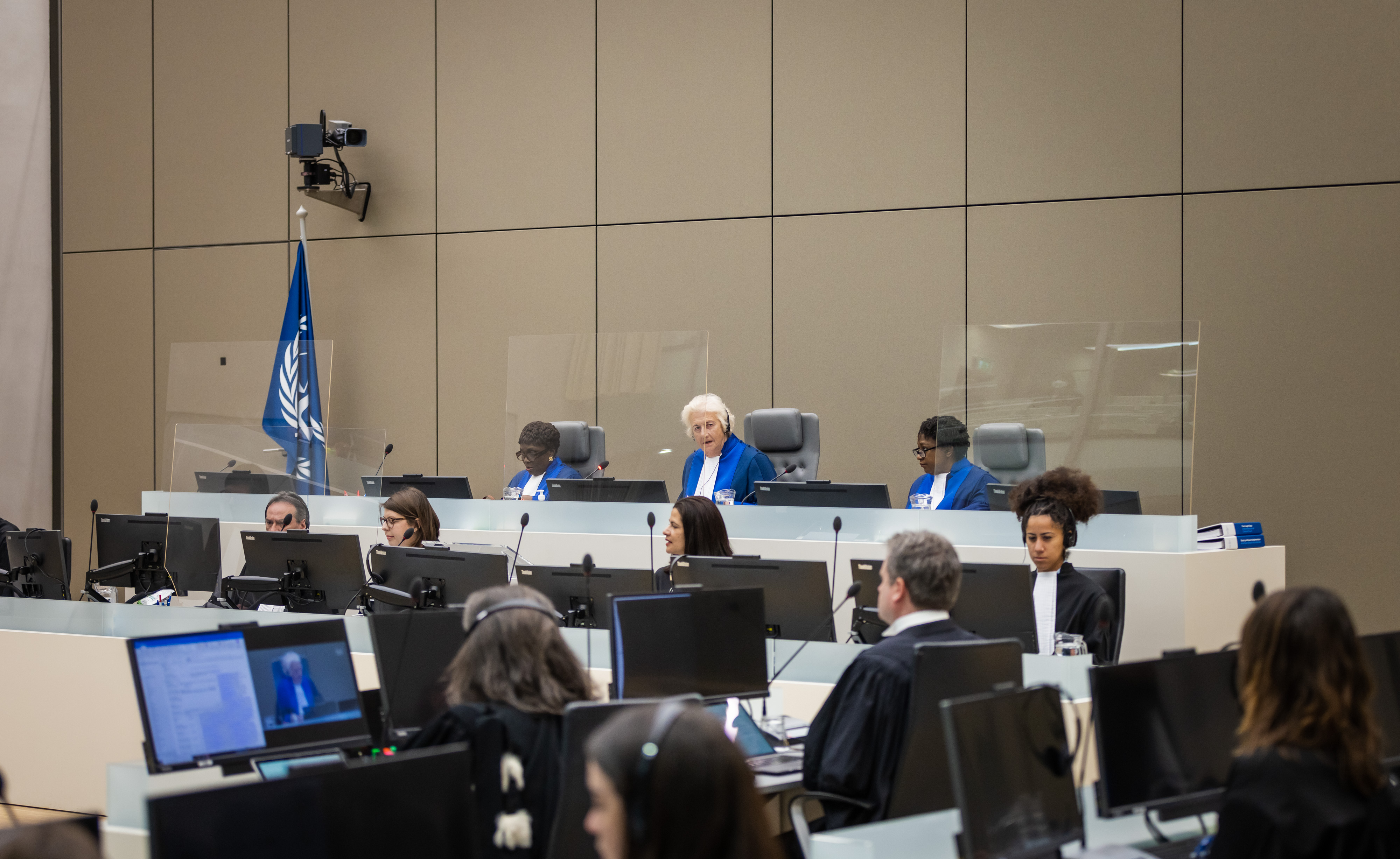 The Judges of Trial Chamber I at the opening of the trial in the Abd-Al-Rahman case at the ICC in The Hague (Netherlands) on 5 April 2022 ©ICC-CPI