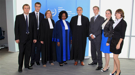 ICC Judge Joyce Aluoch (centre), ICC Legal Officer Marie Mathiaud (left) and Special Assistant to the ICC President Philipp Ambach (right) with the winners of the ICC Trial Competition (Russian version), representing Immanuel Kant Baltic Federal University, at the seat of the Court in The Hague © ICC-CPI