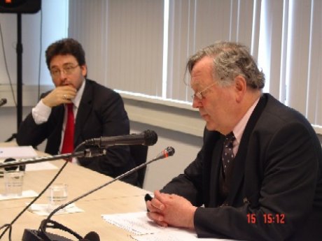 From left to right: Mr. Gilbert Bitti, Legal Adviser and Deputy Chief of the Legal Advisory Section of the Office of the Prosecutor, with Emeritus Professor Theo van Boven at the interim seat of the Court on 15 February 2005.