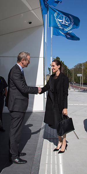 Mr. Pieter de Baan, TFV Executive Director received Ms. Jolie Pitt in front of the International Criminal Court building