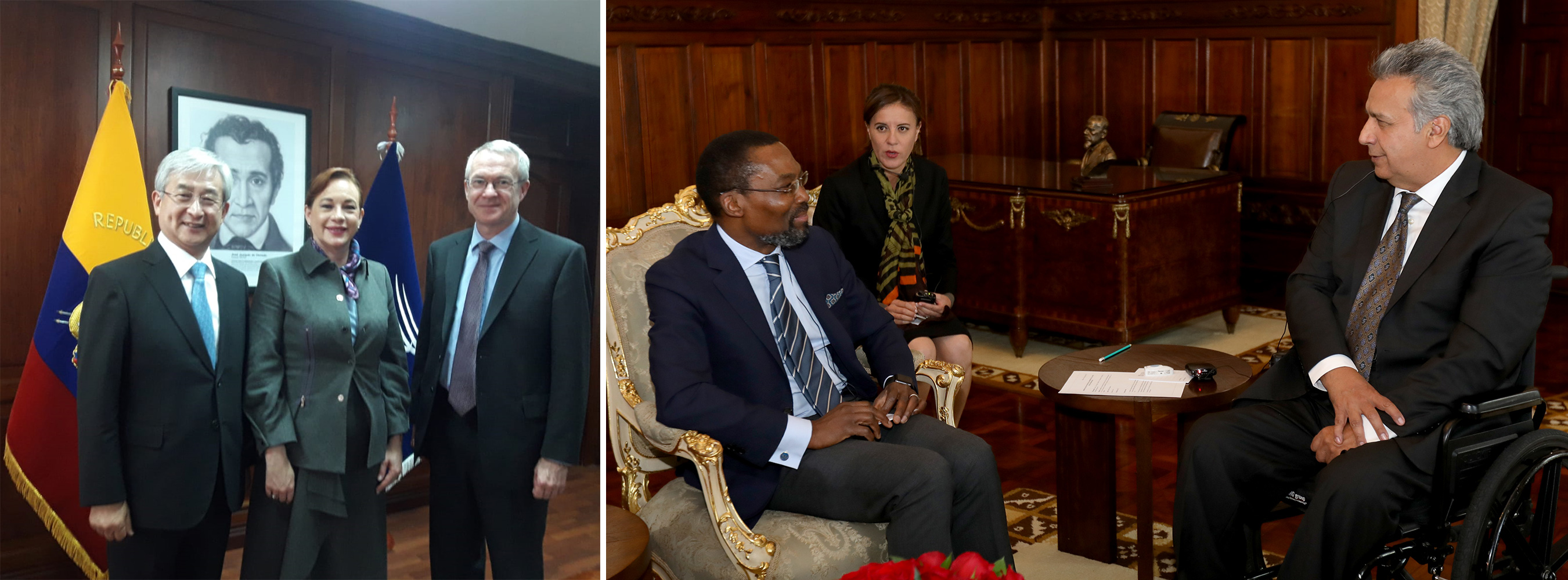 Left&#58; ASP President H.E. O-Gon Kwon and ICC Registrar Peter Lewis meet with H.E. María Fernanda Espinosa, former Minister of External Relations and Human Mobility of Ecuador, and President-elect of the 73rd session of the UN General Assembly; Right&#58; Ecuador President H.E. Lenín Moreno receives ICC President Judge Chile Eboe-Osuji