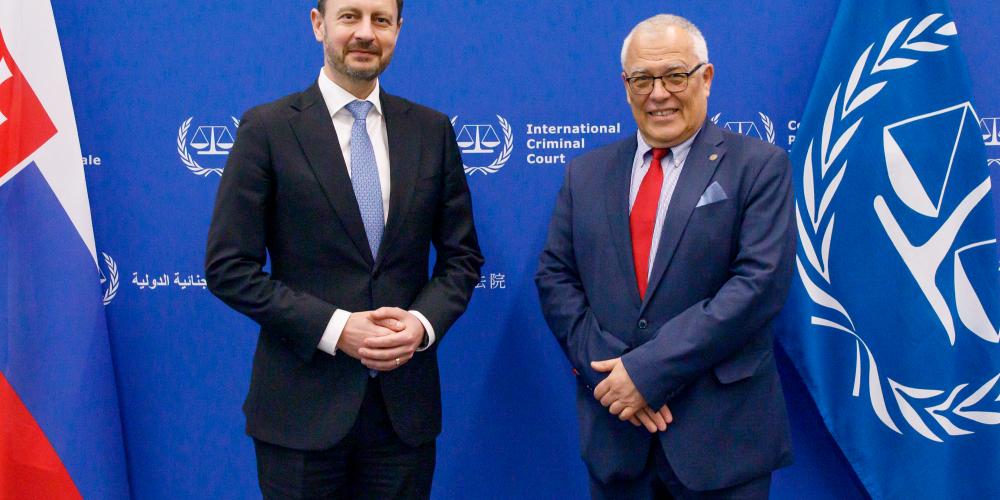 The Prime Minister of the Slovak Republic H.E. Mr. Eduard Heger and ICC President Judge Piotr Hofmański, at the seat of the Court on 21 November 2022 ©ICC-CPI