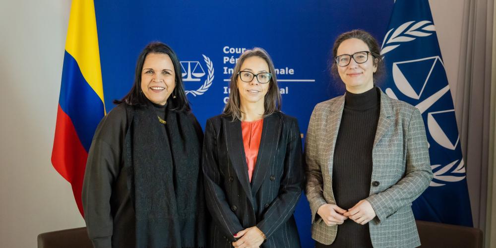 Photo: Minou Tavárez Mirabal, Chair, Board of Directors for the Trust Fund for Victims at the ICC (left), H.E. Carolina Olarte-Bácares Ambassador of Colombia to the Kingdom of the Netherlands (centre) and Franziska Eckelmans, Acting Executive Director (right).