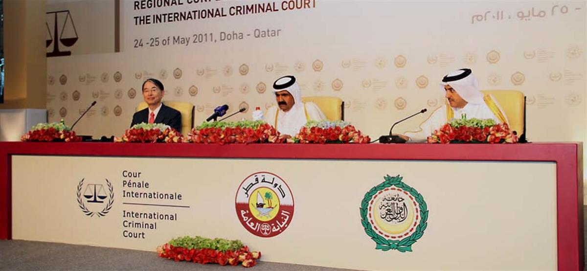 From left to right: The ICC President, Judge Sang-Hyun Song, H.H. the Emir of Qatar, Sheikh Hamad Ben Khalifa Al Thani, and H.E. Attorney General of the State of Qatar, Dr Ali Ben Fetais Al Marri