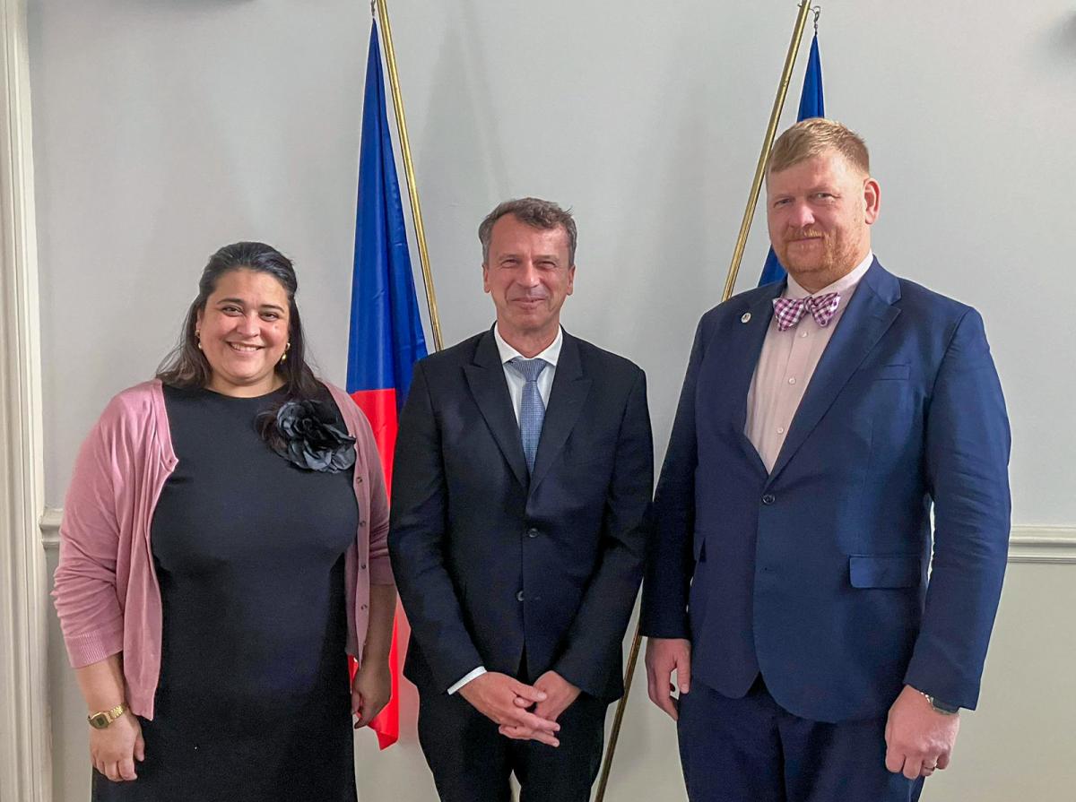 Photo (left-right): Dr. Deborah Ruiz Verduzco, Executive Director of the Trust Fund for Victims at the ICC, H.E. René Miko, Ambassador of the Czech Republic to the Kingdom of the Netherlands, and Andres Parmas, Chair of the Board of Directors of the Trust Fund for Victims at the ICC, at the Embassy of Czech Republic  in The Hague, The Netherlands, in September 2025. 