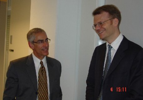Mr. Alan Tieger, to the left with Mr. Morten Bergsmo, Senior Legal Adviser and Chief of the Legal Advisory Section of the Office of the Prosecutor, at the interim seat of the Court on 4 October 2004.